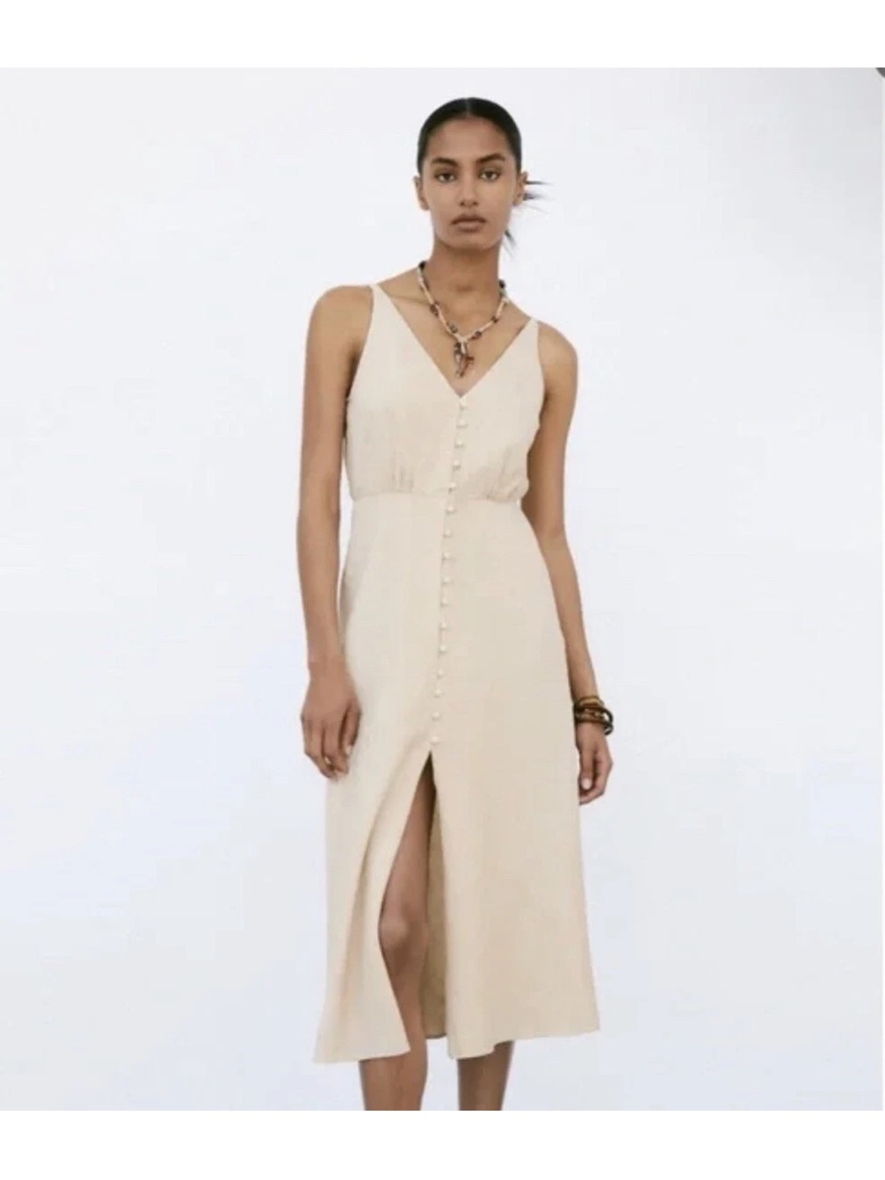 ZARA Linen Blend Beige Button-Front V-Neck Midi Dress